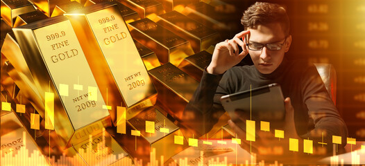 Man invests in gold. Businessman near financial charts. Gold bars behind investor. Man invests in...