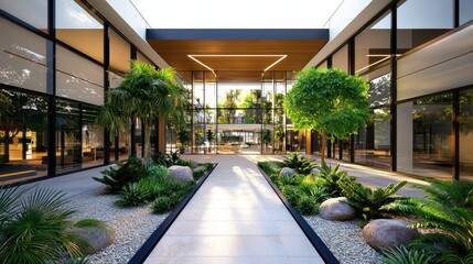 A modern courtyard featuring sleek architecture, lush greenery, and a tranquil pathway that invites relaxation and contemplation.