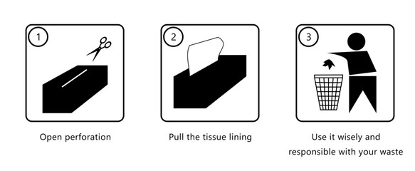 tissue pack direction use icon sign symbol black color design element for manufacture industry business 