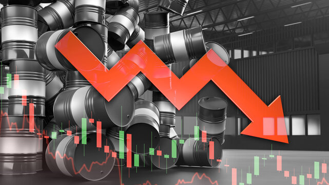 Oil industry crisis. Falling fuel storage barrels. Down arrow near oil tanks. Declining demand for petroleum. Problem of oil industry. Gasoline production crisis. Hangar with petrol. 3d image
