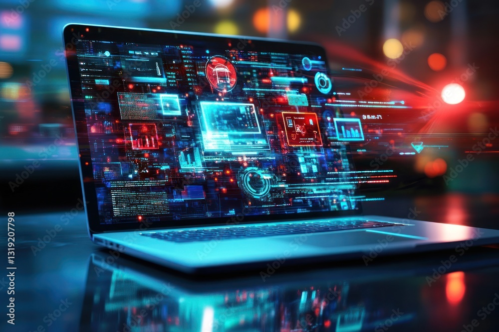 Poster a futuristic laptop displaying vibrant data visualizations and analytics in a high-tech environment 
