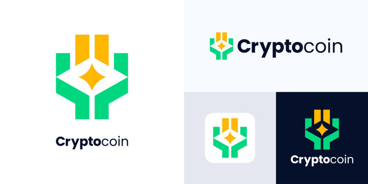 Crypto coin blockchain logo icon design, Vector digital money icon, Crypto currency logo template, Crypto logo design integrated with hand sign for, Simple modern symbol concept for cryptography.