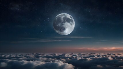 Night picture with bright moon above clouds at starry sky.