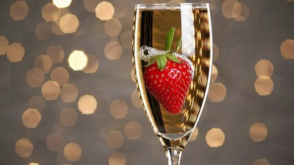 Champagne flute with strawberry and diamond ring, festive celebration concept - Powered by Adobe