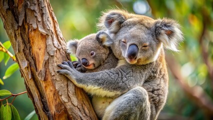 A mother koala tenderly embraces her joey, clinging to a tree trunk in a sun-dappled forest, a poignant moment of maternal affection and wildlife preservation.
