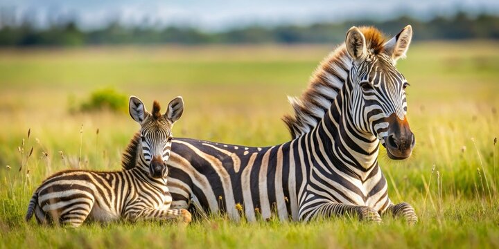 A mother zebra and her young foal rest peacefully in a sun-drenched grassland, showcasing the beauty of their striped coats and the tranquility of the African savanna.