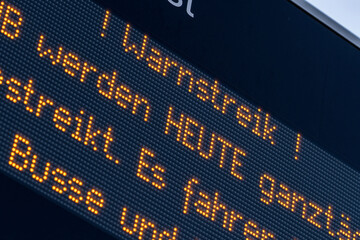 warning strike notice on a LED display board in German public transport