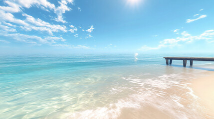 Fototapeta premium Serene beach scene with wooden pier extending into calm turquoise water under a bright sunny sky, showcasing tranquility and summer vacation