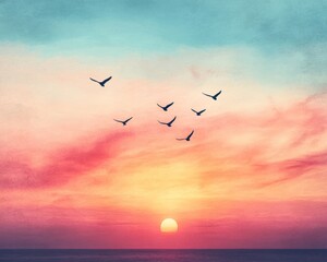 Obraz premium Pastel abstract sky, glowing summer sunrise with a flock of birds in silhouette 