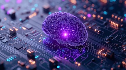 A human brain on a digital circuit board, symbolizing the fusion of biology and technology.