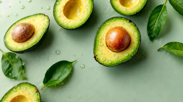 Avocado Delight: Sliced avocados with lush green leaves are artfully arranged, inviting a celebration of nature's delicious bounty, capturing the essence of freshness and wholesome goodness.
