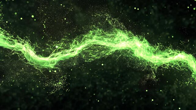 Dynamic green energy wave with particles in motion jn black background