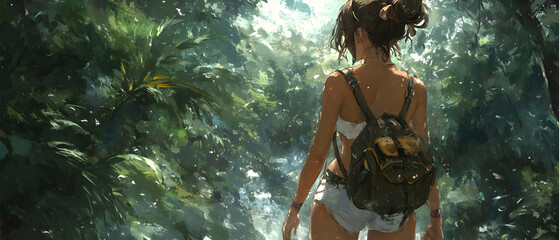 Woman hikes jungle, waterfall background. Travel