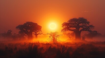 Naklejka premium Baobab trees rise prominently as the sun sets, casting dramatic shadows in a misty African landscape, highlighting the serene beauty of nature during twilight.