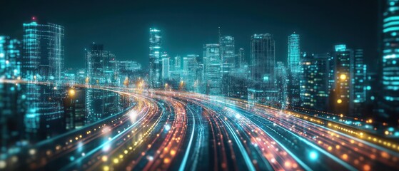 Fototapeta premium Nighttime cityscape with vibrant light trails and skyline