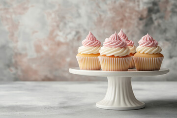 Tasty cupcakes with pink and white frosting on a cake stand