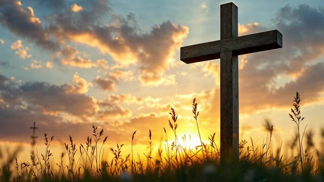 The Cross at Sunset: A rustic wooden cross stands silhouetted against a breathtaking sunset, its form stark against the vibrant sky and clouds. The image evokes a sense of faith, hope, and reverence.