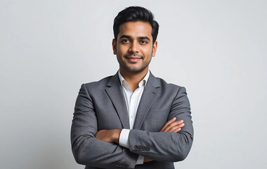 Confident Indian entrepreneur standing with arms crossed on white background, Indian businessman wearing a suit standing with arms crossed
