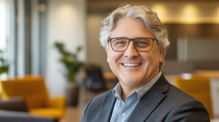 Fototapeta premium Successful mature businessman with silver hair and glasses smiling in modern office lounge. His professional suit and confident expression convey executive leadership with approachable warmth.