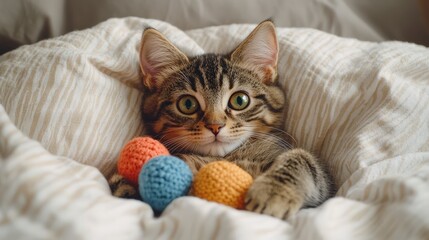 Kitten with green eyes lying on a bed with toys.