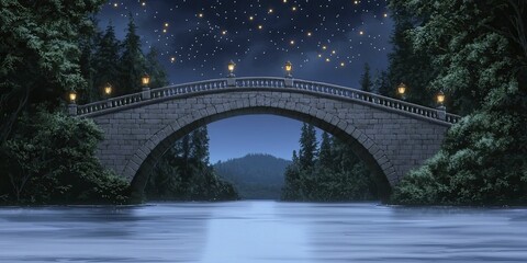 Fototapeta premium A whimsical bridge arches over city canal, where lanterns drift like fireflies, illuminating ripples with a soft, enchanting light.
