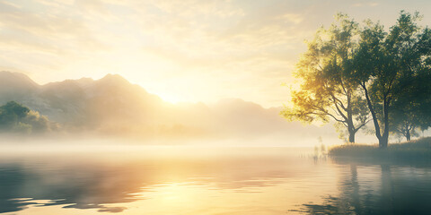 Misty Golden Sunrise Over a Vineyard with Lush Greenery for a Serene Countryside Scene