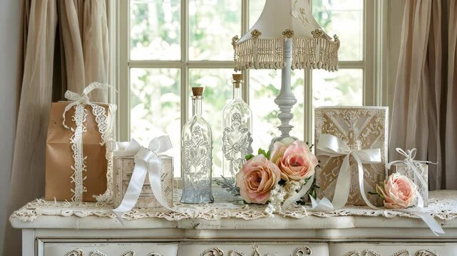 A charming display features vintage bottles, flowers, and wrapped gifts on a table bathed in sunlight, creating a festive atmosphere