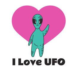 Alien UFO character on heart on background. I love UFO concept. Vector graphic simple doodle line art outline design illustration