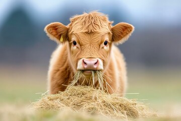 Close-up of cow with hay in mouth