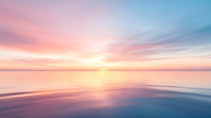 Obraz premium Colorful serene sunrise over calm water, pastel pink and blue sky reflecting in still lake, peaceful morning ambiance.