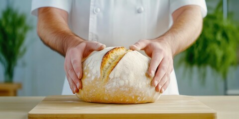 Close-up of hands shaping sourdough bread dough