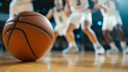 Obraz premium Dynamic basketball action, athletes in motion on court, focused on dribbling ball, energy and teamwork on display