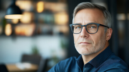 Obraz premium Serious middle-aged man with glasses in dark setting looking directly at camera. His intense gaze and professional appearance create a confident business portrait with moody lighting.