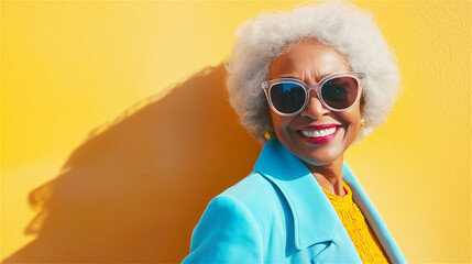 Cheerful senior woman with white curly hair wearing sunglasses against bright yellow background. Her turquoise outfit and joyful expression showcase vibrant aging with copy space.