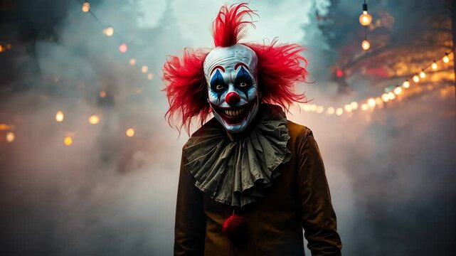 Sinister Carnival Clown: A creepy carnival clown, with exaggerated makeup and a menacing grin, emerges from a smoky atmosphere. Capture the eerie vibe of the haunted carnival.