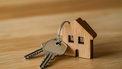Keys to a New Beginning: A symbolic house key and miniature wooden house sit atop a polished wooden surface, representing homeownership and the start of a new chapter.