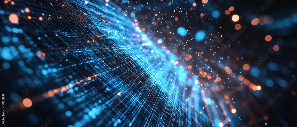 Poster abstract representation of digital data streams with glowing particles flowing through a dark backgr