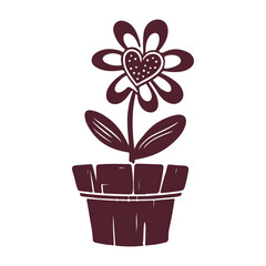 Heartfelt Bloom a Whimsical Illustration of a Flower with a Heart-Shaped Center in a Rustic Pot