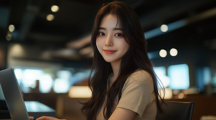 Korean worker focused on tasks at a modern workspace in a cafe setting during the daytime