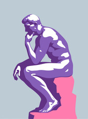 Modern vector illustration of a nude man in deep thought, sitting on a stump