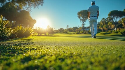A golfer in a white polo shirt and cap is seen from the back, preparing to swing a golf club against a clear blue sky.