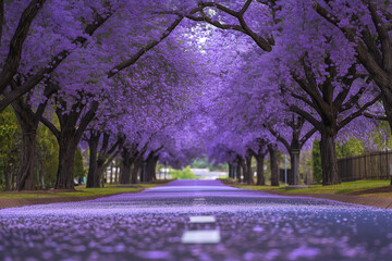 scene of a pathway or road lined with purple trees in full bloom, likely jacaranda or cherry blossom trees.