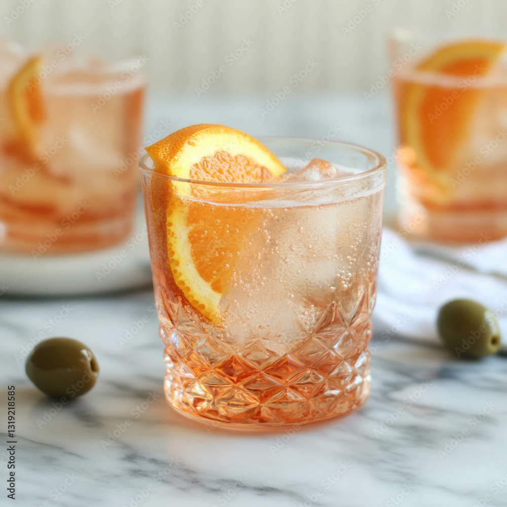 Poster refreshing aperol spritz with orange slice and green olives on marble table