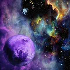 Naklejka premium Enigmatic purple planet nestled within a stunning nebula displaying a colorful cosmic landscape of stars and gas
