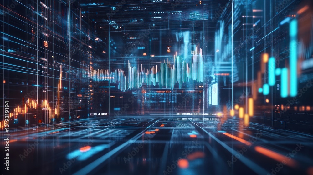 Poster futuristic digital financial data visualization with glowing graphs and charts in a high-tech enviro