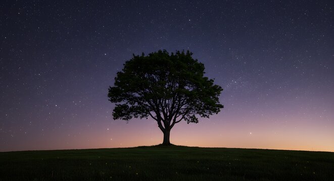 Lone tree under a starlit sky at dusk in a serene landscape showcasing nature's beauty and tranquility Generative AI - Powered by Adobe