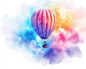 Obraz premium Vibrant Hot Air Balloon Floating Above Colorful Watercolor Background