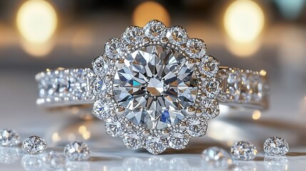 Fototapeta premium A beautifully detailed diamond ring with smaller gems displayed nearby