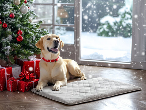 Happy Labrador dog sitting near Christmas tree surrounded by red presents and snowfall viewed through window capturing joyful festive home celebration and cozy holiday mood

