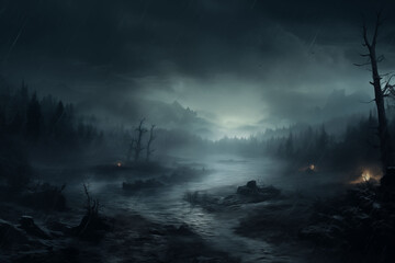 Fototapeta premium Landscape background with fog in the dark at night